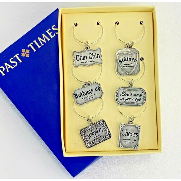Past Times Wine Charms Set of 6 Silver Tone Metal Wit and Wisdom New in Box - Picture 2 of 12